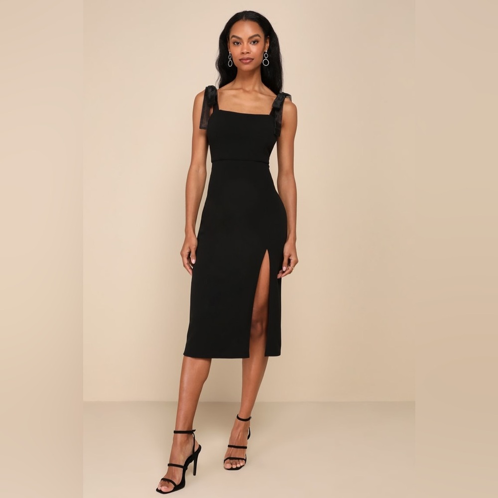 Lulus‎ romantic celebration black tie strap bodycon midi dress nwot